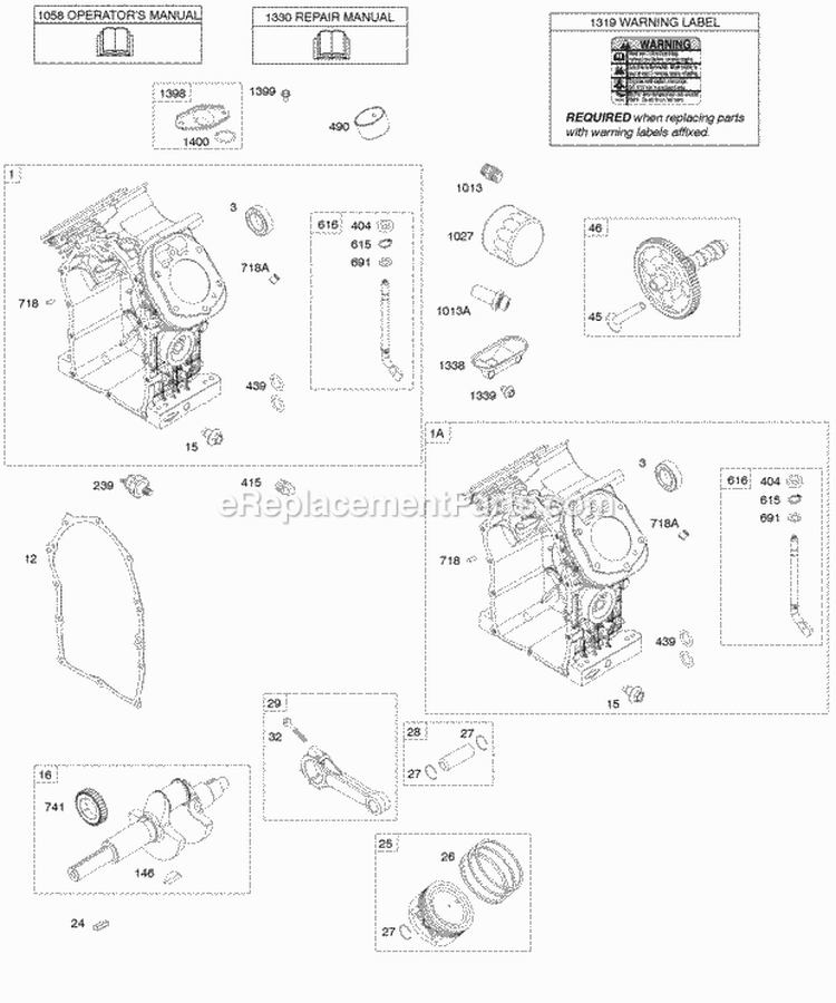 Cylinder Crankshaft PistonRingsConnecting Rod Diagram and Parts List for 541477-0100-E1  Briggs and Stratton Engine